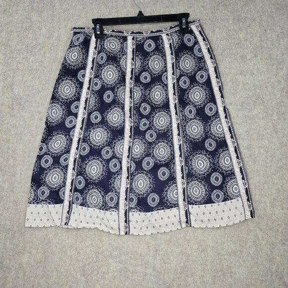 Navy Blue Midi Skirt Mandala Design Accents Side Zipper Cotton Blend Size 8 - Picture 2 of 7
